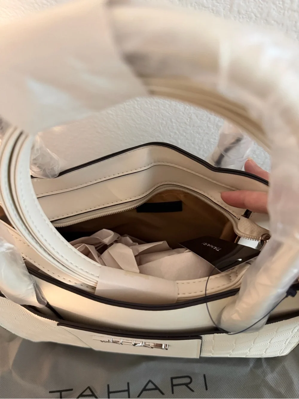 NWT! Tahari Delta Satchel with Dust Bag. Color: Bone.